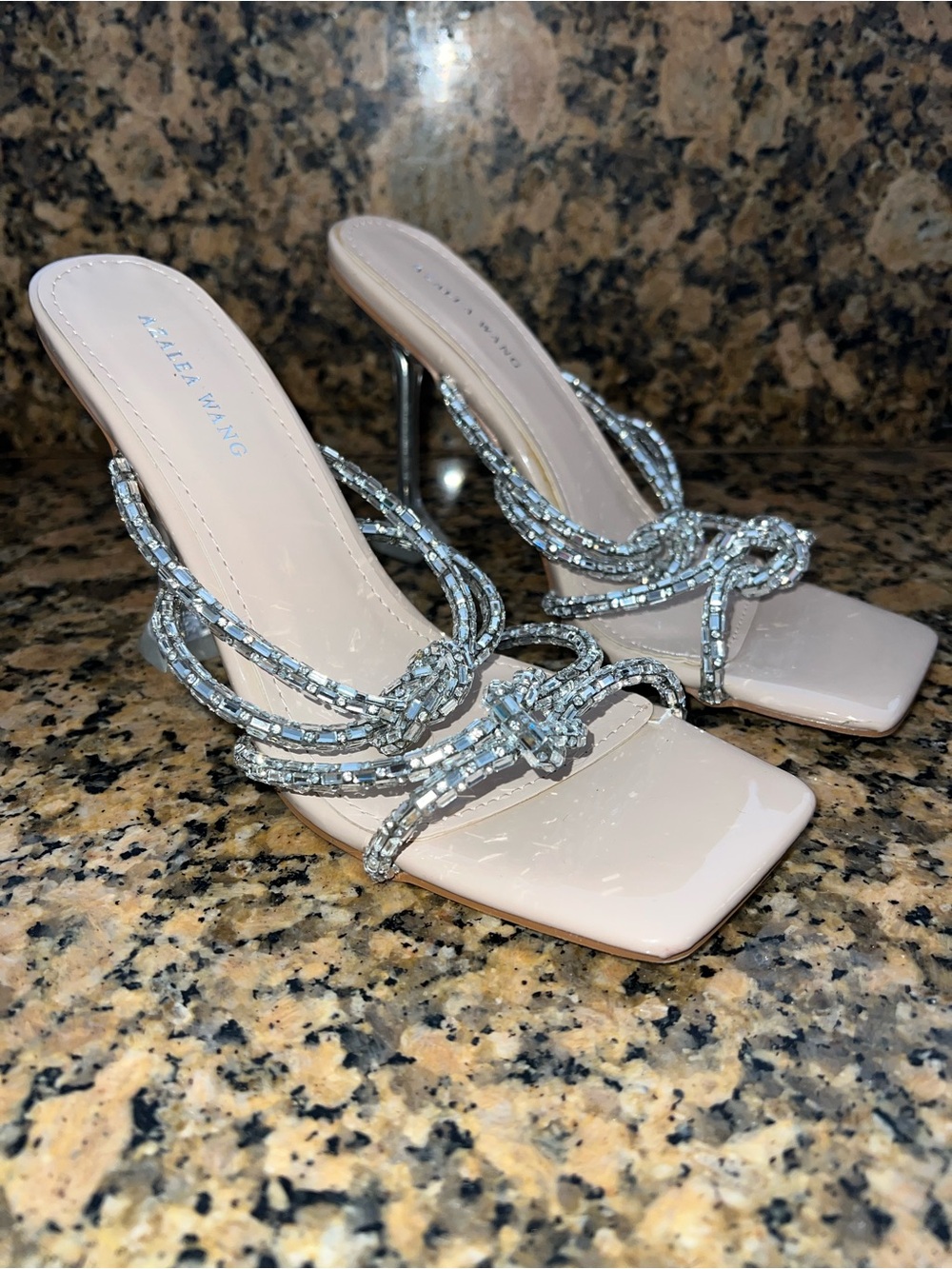 Azalea Wang Nude Patent Heeled Sandals with Silver Crystal Straps